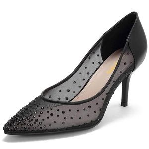 Pointed Toe Rhinestones Kitten Heel Slip On Pumps